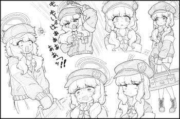 Rule 34 | > <, 1girl, aoba (blue archive), bag, blue archive, bug, commentary request, gloves, greyscale, halo, hat, highres, holding, holding bag, holding wrench, jacket, long hair, low twintails, miniskirt, monochrome, multiple views, newsboy cap, skirt, solo, spider, sweatdrop, tears, translation request, twintails, upper body, white background, wrench, yakushima