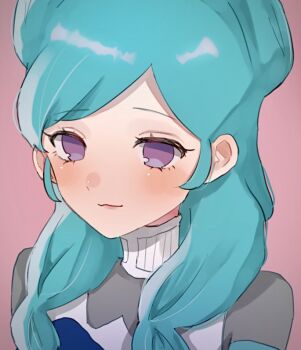 1girl :3 ajumaru aqua_hair beta_(inazuma_eleven) black_vest blush bodysuit closed_mouth commentary double_bun grey_bodysuit hair_bun inazuma_eleven_(series) inazuma_eleven_go inazuma_eleven_go_chrono_stone looking_at_viewer pink_background purple_eyes smile solo vest