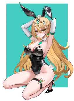 1girl absurdres animal_ears armpits arms_up bare_shoulders black_leotard blonde_hair border breasts chest_jewel core_crystal_(xenoblade) elbow_gloves fake_animal_ears fake_tail full_body gloves green_background highres jyn_jyn large_breasts leotard long_hair mythra_(xenoblade) playboy_bunny rabbit_ears rabbit_tail simple_background skindentation solo strapless strapless_leotard tail thigh_strap tiara white_border white_gloves xenoblade_chronicles_(series) xenoblade_chronicles_2 yellow_eyes