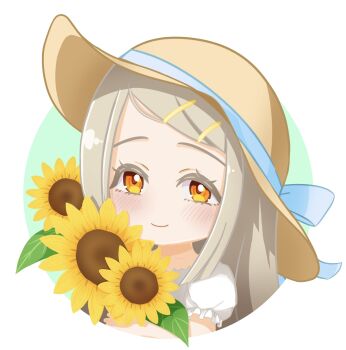 1girl blonde_hair blue_bow blush border bow closed_mouth colored_eyelashes commentary_request dress flower gakuen_idolmaster hair_ornament hairclip hat hat_bow highres holding holding_flower idolmaster long_hair looking_at_viewer orange_eyes outside_border parallel_hairclips puffy_short_sleeves puffy_sleeves round_border shinosawa_hiro short_sleeves smile solo sun_hat sundress sunflower suyauo swept_bangs upper_body white_border white_dress