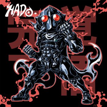 1boy armor aura black_armor clenched_hand hali82252270 highres kakugo_no_susume power_armor red_eyes reflective_clothes scarf spikes strap text_background u54c8u591au6269u8def white_scarf