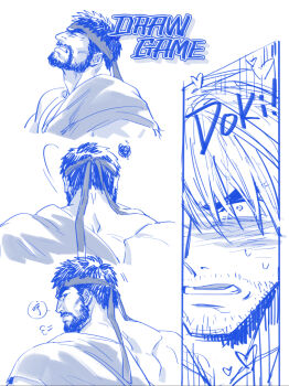 2boys bara beard black_hair blonde_hair blush facial_hair forked_eyebrows frown headband heart ken_masters looking_at_another male_focus mature_male monochrome motion_lines multiple_boys muscular muscular_male ryu_(street_fighter) sequential short_hair shy street_fighter street_fighter_6 stubble thick_eyebrows yaoi yuiofire