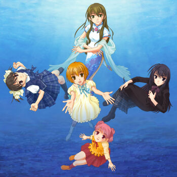 5girls 5pb. :d ahoge akanegasaki_sora black_eyes black_hair blonde_hair blue_thighhighs blush boots bow bowtie brown_hair china_dress chinese_clothes crossed_arms crossed_legs double_bun dress ever_17 everyone fingernails flat_chest flower from_above frown game_cg goth_fashion green_eyes green_hair hair_bobbles hair_bow hair_bun hair_ornament jewelry knee_boots kneehighs komachi_tsugumi lace lipstick long_fingernails long_hair looking_up makeup matsunaga_sara mother_and_daughter multiple_girls open_mouth orange_eyes orange_hair outstretched_arms outstretched_hand pink_hair plaid pleated_skirt raglan_sleeves red_eyes ribbon ring rose scarf school_uniform see-through_clothes serafuku shoes short_hair short_twintails side_slit sitting skirt smile socks standing sundress takigawa_yuu tanaka_yubiseiakikana tanaka_yubiseiharukana thighhighs twintails very_long_hair vest wedding_band yagami_coco you