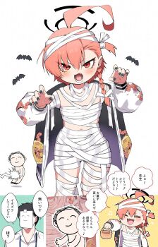 1boy 1girl ahoge alternate_costume basket bat_(animal) black_nails blue_archive blush bow braid claw_pose comic doodle_sensei_(blue_archive) earrings fangs flat_chest floral_print floral_print_jacket hair_bow halloween halloween_costume halo holding holding_basket huge_ahoge jacket japanese_text jewelry mole_under_each_eye mole_under_eye multiple_moles mummy_costume navel neru_(blue_archive) one_side_up open_clothes open_jacket open_mouth orange_hair red_eyes sensei_(blue_archive) shigeta_(yankeehamama) short_hair side_braid smile speech_bubble standing sukajan trick_or_treat white_background white_bow