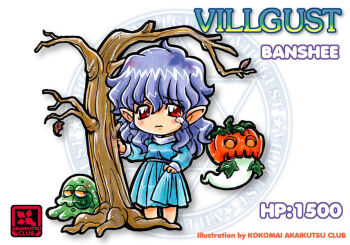 Rule 34 | 1girl, artist name, banshee (villgust), bare tree, blue dress, character name, chibi, chibi only, circle name, closed mouth, commentary, copyright name, dress, ghost, ghost tail, hair between eyes, hexagram, kokomahi, kouryuu densetsu villgust, long hair, looking at viewer, pleated dress, pointy ears, pumpkin, pumpkin head, purple hair, red eyes, single tear, slime (creature), standing, tree, wavy mouth