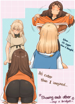 1boy 1girl absurdres ass blonde_hair blush bridget_(guilty_gear) brown_hair censored character_censor clothes_lift commentary convenient_censoring convenient_head crossdressing crossdressing_(mtf) english_commentary english_text guilty_gear hetero highres long_hair may_(guilty_gear) missing_headwear nervous novelty_censor presenting_breasts shirt_lift sugajyun talking trap