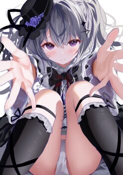 1girl acid_(maimai) black_socks blush bow frilled_socks frills gothic_lolita grey_hair hair_between_eyes hat highres kneehighs lolita_fashion long_hair looking_at_viewer maimai_(game) mini_hat muaa_(muamua231) panties purple_eyes reaching reaching_towards_viewer sitting socks solo top_hat twintails underwear white_background white_panties