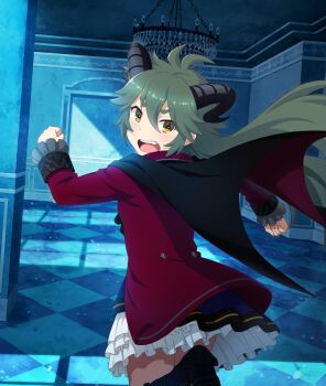 Rule 34 | 1girl, black boots, black cape, black horns, blue skirt, blush, boots, cape, chandelier, checkered floor, clenched hands, curled horns, demon horns, dot nose, dutch angle, fang, fleeing, from behind, fujimaki minaki, game cg, green hair, hair between eyes, halloween, halloween costume, horns, indoors, jacket, layered skirt, long hair, long sleeves, looking back, night, official art, open mouth, red jacket, rubble, running, short eyebrows, sidelocks, skirt, solo, teeth, thick eyebrows, third-party source, toji no miko, toji no miko: kizamishi issen no tomoshibi, upper teeth only, white skirt, yellow eyes