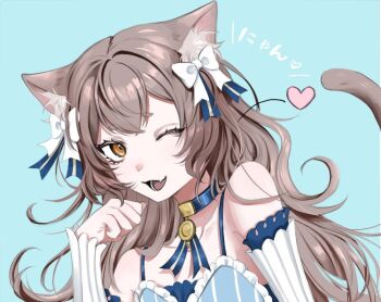 108_omonpakaru 1boy alternate_hair_length alternate_hairstyle androgynous animal_ear_fluff animal_ears blue_background brown_hair cat_boy cat_ears cat_tail eyelashes fang felix_argyle hair_ribbon heart male_focus messy_hair orange_eyes re:zero_kara_hajimeru_isekai_seikatsu ribbon simple_background smile solo tail trap