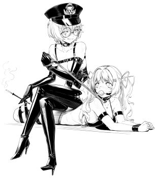 Rule 34 | 2girls, agemmata, ball gag, bdsm, blush, bondage, bound, bound legs, bound wrists, breasts, choker, cigarette, cigarette holder, clio aite, crossed legs, dominatrix, elbow gloves, gag, glasses, gloves, greyscale, highres, himemiya rie, holding, holding leash, large breasts, leash, long hair, monochrome, multiple girls, parted lips, phase connect, scar, scar across eye, scar on face, short hair, sitting, sitting on person, smoke, spiked choker, spikes, virtual youtuber, yuri