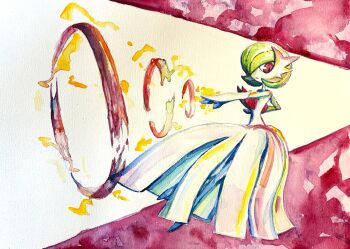 1girl arm_up bob_cut colored_skin dress elbow_gloves female_focus from_side full_body gardevoir gen_3_pokemon gloves green_hair hair_over_one_eye keishi_(pixiv_1245064) long_dress looking_down looking_to_the_side mega_gardevoir mega_pokemon nintendo no_feet one_eye_covered outstretched_arm painting_(medium) pokemon pokemon_(creature) red_eyes short_hair solo telekinesis traditional_media watercolor_(medium) white_dress white_gloves white_skin