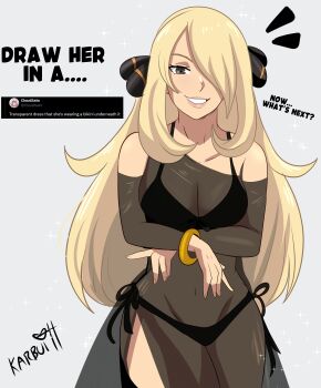 1girl absurdres alternate_costume artist_name bikini bikini_under_clothes black_bikini black_dress blonde_hair bracelet breasts cleavage commentary covered_navel cowboy_shot cynthia_(pokemon) dress english_commentary english_text grey_background grey_eyes grin hair_ornament hair_over_one_eye highres jewelry karbuitt large_breasts long_hair looking_at_viewer nintendo pokemon pokemon_dppt screenshot_inset see-through_cleavage see-through_clothes see-through_dress simple_background smile swimsuit very_long_hair