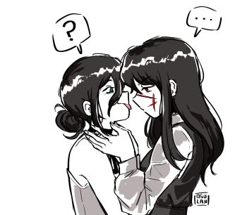 2girls artist_name black_hair chainsaw_man collared_shirt cross_scar dress facial_scar fourth_east_high_school_uniform highres long_hair monochrome multiple_girls open_mouth osulan pinafore_dress red_eyes reze_(chainsaw_man) ringed_eyes scar scar_on_cheek scar_on_face school_uniform shirt simple_background sleeveless sleeveless_dress smile white_background yoru_(chainsaw_man) yuri