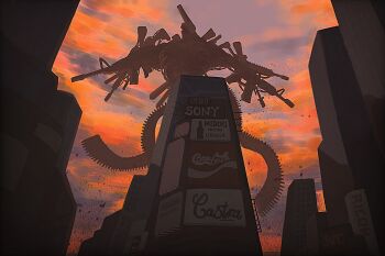 1other absurdres ammunition_belt assault_rifle building chainsaw_man city coca-cola from_below gun gun_devil_(chainsaw_man) highres jvc monster new_york_city no_humans orange_sky rifle sky skyscraper sony sun20021109 times_square united_states weapon