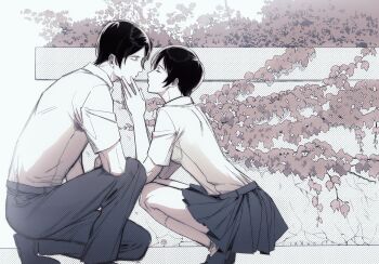 1boy 1girl amantes404 black_hair breasts closed_eyes collared_shirt commentary_request couple eren_yeager full_body hand_on_another's_cheek hand_on_another's_face hetero highres medium_breasts mikasa_ackerman on_one_knee outdoors pants parted_bangs plant pleated_skirt shingeki_no_kyojin shirt short_hair short_sleeves skirt socks squatting vines white_shirt white_socks