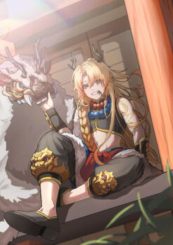 Rule 34 | 1boy, absurdres, architecture, arm tattoo, bead necklace, beads, black pants, black shirt, black shoes, blonde hair, braid, crop top, dragon, dragon boy, dragon horns, east asian architecture, eastern dragon, full body, gradient hair, grin, hair between eyes, highres, holding, horns, hwaryong, jewelry, long hair, looking at viewer, male focus, midriff, mouth hold, multicolored hair, navel, necklace, official alternate costume, official alternate hairstyle, orange hair, outdoors, pants, parted bangs, ponytail, project sekai, shirt, shoes, side braid, single braid, sitting, sleeveless, sleeveless shirt, smile, solo, sunlight, tattoo, teeth, tenma tsukasa, very long hair, wonderlands x showtime (project sekai), yellow eyes