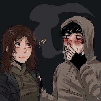 Rule 34 | 1boy, 1girl, ?, ??, bags under eyes, black eyes, black hair, black jacket, blush, brown hair, cigarette, cry of fear, fingerless gloves, gloves, green hoodie, grey hoodie, hand on another's shoulder, holding, holding cigarette, hood, hood up, hoodie, jacket, looking at another, messy hair, raykills, short hair, simon henriksson, smoke, smoke trail, smoking, sophie (cry of fear), upper body