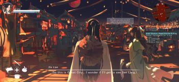 1boy 1girl architecture brown_hair chinese_clothes city cityscape commentary earrings english_commentary english_text from_behind gameplay_mechanics green_hanfu hair_bun hair_ribbon half_updo hanfu hanging_lantern hat hat_on_back highres hossu jewelry lantern layered_sleeves long_hair long_sleeves moon night outdoors people red_light red_moon ribbon rice_hat road shi_qingxuan short_over_long_sleeves short_sleeves single_hair_bun sketch speech_bubble street suto_(sakumaaritsu) tianguan_cifu user_interface wavy_hair white_hanfu white_ribbon xie_lian