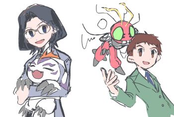 Rule 34 | antennae, black eyes, brown hair, bug, claws, digimon, digimon (creature), digimon adventure 02, exoskeleton, gomamon, highres, izumi koshiro, kido jo, short hair, spikes, tentomon