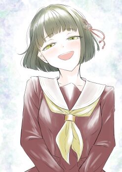 1girl :d absurdres blue_background blunt_bangs blunt_ends bob_cut brown_dress commentary dress flower flower_knot green_eyes green_hair hair_flower hair_ornament half-closed_eyes hasu_no_sora_school_uniform highres link!_like!_love_live! long_sleeves looking_at_viewer love_live! momose_ginko neckerchief open_mouth pink_flower sailor_collar sailor_dress school_uniform short_hair smile solo uduki_fuji upper_body virtual_youtuber white_sailor_collar winter_uniform yellow_neckerchief