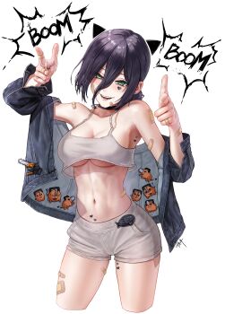 1girl absurdres animal_ears bandaid bare_shoulders bomb_devil_(chainsaw_man) breasts cat_ears chainsaw_man demon_girl english_text eruthu highres jacket looking_at_another medium_breasts medium_hair midriff navel pochita_(chainsaw_man) purple_hair reze_(chainsaw_man) short_shorts shorts simple_background solo thigh_gap thighs upper_body white_background