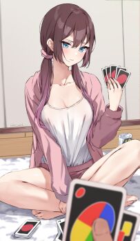 1girl 1other anger_vein bare_legs barefoot blue_eyes breasts brown_hair card cleavage closed_mouth collarbone commentary covered_erect_nipples frown hair_ornament hair_scrunchie hand_up highres holding holding_card indian_style jacket kaetzchen large_breasts long_hair long_sleeves looking_at_viewer low_twintails no_bra open_clothes open_jacket original pink_jacket pink_shorts playing_card pov pov_hands purple_hair scrunchie see-through_clothes see-through_shirt shirt shirt_tucked_in short_shorts shorts sitting solo_focus symbol-only_commentary thighs twintails uno_(game) v-shaped_eyebrows wavy_mouth white_shirt