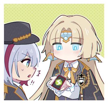 2girls blonde_hair blue_eyes blush bow bright_pupils coat collared_shirt commentary_request fins hat head_fins honkai:_star_rail honkai_(series) long_hair miyabai32 multiple_girls no_mouth official_alternate_costume parted_bangs pearl_(honkai:_star_rail) phone powering_up red_streaks shirt topaz_(honkai:_star_rail) topaz_(stoneheart's_oath_ring)_(honkai:_star_rail) white_hair white_pupils