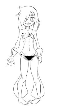 Rule 34 | 1girl, bags under eyes, barefoot, choker, cosplay, drawfag, female focus, flat chest, full body, greyscale, hair over one eye, harem pants, kuroki tomoko, long hair, midriff, monochrome, navel, pants, pigeon-toed, see-through clothes, shantae, shantae: half-genie hero, shantae (cosplay), shantae (series), skinny, smile, solo, translucent, watashi ga motenai no wa dou kangaetemo omaera ga warui!, wayforward