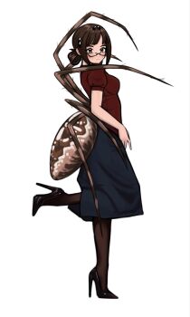 1girl :| arthropod_girl breasts brown_eyes catac0re closed_mouth commentary extra_arms extra_eyes full_body glasses high_heels highres insect_girl long_skirt looking_at_viewer medium_breasts monster_girl original russian_commentary short_sleeves skirt solo spider_girl standing standing_on_one_leg thick_eyebrows white_background