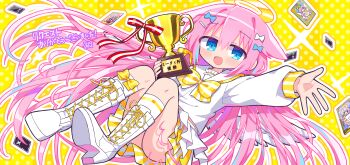 Rule 34 | 1girl, absurdres, angel wings, blue eyes, boots, bow, bowtie, commentary request, commission, feathered wings, hair ornament, hairclip, halo, highres, holding, holding trophy, long hair, looking at viewer, marie (z/x), multicolored skirt, open mouth, pink hair, richard (richaball), school uniform, serafuku, shirt, skeb commission, skirt, solo, striped bow, striped bowtie, striped clothes, trading card, traditional halo, translation request, trophy, very long hair, white boots, white shirt, white skirt, white wings, wings, yellow skirt, z/x