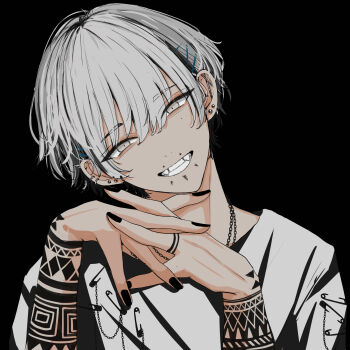 1boy absurdres arm_tattoo black_background black_nails commentary ear_piercing english_commentary fingernails grey_eyes grey_hair grin hair_between_eyes hair_ornament hairclip head_tilt highres interlocked_fingers male_focus nail_polish niwa281610 original piercing smile solo spike_piercing tan tattoo teeth