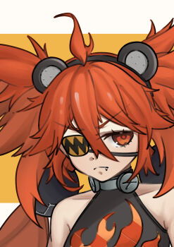 1girl absurdres ahoge animal_ears bare_shoulders bear_ears breasts crop_top emiya_michiru eyepatch fake_animal_ears hair_between_eyes hair_ornament highres koleda_belobog long_hair looking_at_viewer navel red_eyes red_hair solo sphere_hair_ornament twintails zenless_zone_zero