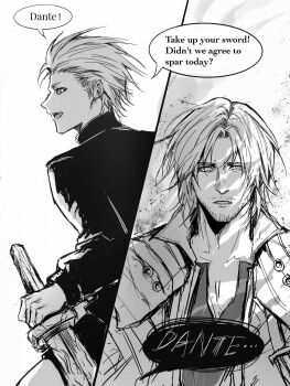 2boys beard_stubble coat collarbone commentary dante_(devil_may_cry) devil_may_cry_(series) devil_may_cry_5 english_commentary english_text facial_hair hair_between_eyes highres holding jacket lovelythorki male_focus monochrome multiple_boys open_mouth short_hair simple_background smile stubble vergil_(devil_may_cry) white_hair