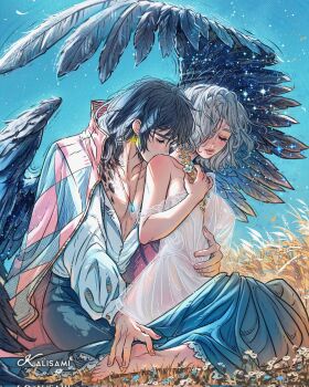 1boy 1girl argyle_clothes argyle_jacket arm_around_waist artist_name barefoot black_hair black_pants black_wings blue_sky breasts closed_eyes commentary couple covered_erect_nipples earrings english_commentary feathered_wings grey_hair hair_between_eyes hair_over_one_eye hetero highres howl_no_ugoku_shiro howl_pendragon jacket jacket_on_shoulders jewelry kalisami1 kissing_shoulder kneeling medium_breasts medium_hair necklace pants pectorals see-through_clothes see-through_shirt shirt single_bare_shoulder sitting sky sophie_hatter_(howl_no_ugoku_shiro) white_shirt wings