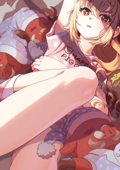 Rule 34 | 1girl, absurdres, arm up, blonde hair, bright pupils, closed eyes, clothes writing, commentary, convenient leg, crossed bangs, dutch angle, english commentary, eyebrows hidden by hair, feet out of frame, film grain, flat chest, hair between eyes, hair ornament, hair spread out, hairclip, highres, knee up, long hair, looking at viewer, luciana de montefio, lucy's crew (zenless zone zero), lying, on back, open mouth, pajamas, parallel hairclips, pink pajamas, polka dot, polka dot pajamas, red eyes, side ponytail, sleeping, solo, tea ramisu, thick eyebrows, white pupils, zenless zone zero