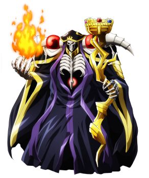 1boy ainz_ooal_gown anime_coloring black_robe bone fingernails fire full_body highres holding holding_staff jewelry lich long_sleeves looking_at_viewer male_focus necromancer official_art open_hands overlord_(maruyama) ring robe simple_background skeletal_arm skeletal_hand skeleton skull solo spread_fingers staff standing tasaki_satoshi transparent_background undead wide_sleeves