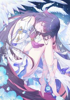 1girl absurdly_long_hair absurdres artist_name bare_shoulders barefoot chinnpou closed_eyes closed_mouth colored_inner_hair colored_tips columbina_(genshin_impact) commentary dress eye_mask facing_to_the_side facing_viewer feet from_side full_body genshin_impact hair_ornament hashtag-only_commentary highres leg_wrap long_hair mask multicolored_hair purple_hair solo thighs toes very_long_hair watermark white_dress wing_hair_ornament