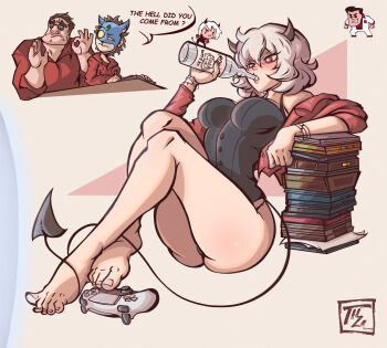 1boy 2boys absurdres alcohol artist_self-insert barefoot black_horns black_panties black_tail blush bodice book book_stack bracelet breasts chibi chibi_inset controller crossed_ankles demon_girl demon_tail drinking drunk english_text full_body game_controller gamepad grey_hair hamza_touijri helltaker helltaker_(character) highres horns huge_filesize jewelry long_tail malina_(helltaker) medium_breasts meme multiple_boys no_pants ok_sign open_clothes open_shirt pacha_edits_(meme) panties pink_lips playing_games red_eyes red_shirt shirt short_hair sitting solo_focus tail the_emperor's_new_groove toenails toes underwear vodka