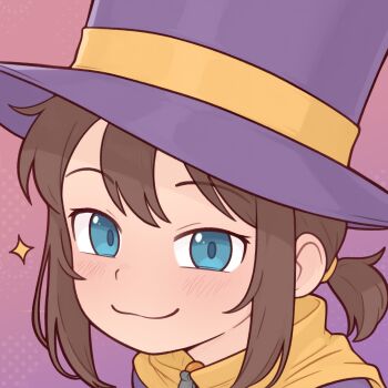 1girl a_hat_in_time blue_eyes brown_hair casytay closed_mouth commentary english_commentary hat hat_kid highres looking_at_viewer ponytail portrait purple_background purple_hat short_hair smile solo top_hat