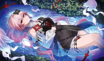 1girl afloat anzu0130 black_dress black_gloves black_liquid breasts commentary_request dress evernight_(honkai:_star_rail) evey_(honkai:_star_rail) flower gloves hair_flower hair_ornament highres honkai:_star_rail honkai_(series) jellyfish long_hair looking_at_viewer march_7th_(honkai:_star_rail) medium_breasts pink_hair red_eyes smile solo thighs very_long_hair