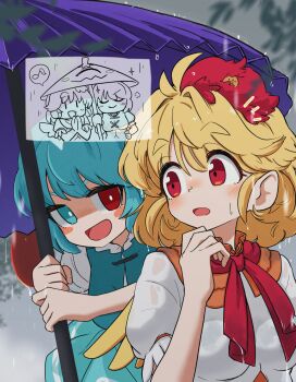 2girls ahoge animal animal_on_head bird bird_on_head blonde_hair blue_eyes blue_hair blush breasts commission heterochromia highres holding holding_umbrella looking_at_another multicolored_hair multiple_girls niwatari_kutaka on_head open_mouth rain red_eyes shirt short_hair skeb_commission smile tatara_kogasa touhou two-tone_hair uisu_(noguchipint) umbrella wet wet_hair white_shirt