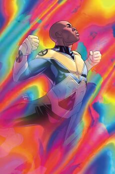 1boy bald black_bodysuit bodysuit clenched_hands comic_cover commentary covered_abs covered_pectorals dark-skinned_male dark_skin english_commentary gloves highres initial looking_up male_focus marvel matt_wilson multicolored_bodysuit muscular muscular_male official_art parted_lips pectorals profile rainbow_background russell_dauterman solo synch_(x-men) two-tone_bodysuit x-men x-uniform yellow_bodysuit yellow_gloves