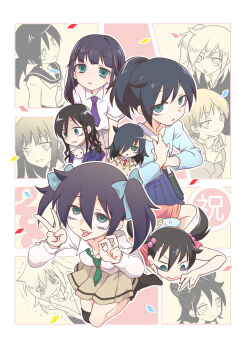 6+girls :d :o aged_down bag bags_under_eyes black_hair black_socks blazer blue_bow blue_coat blue_shirt blue_skirt bow breasts cellphone chestnut_mouth child closed_mouth coat collared_shirt commentary_request confetti delinquent episode_number fur_scarf green_bag green_eyes green_necktie hair_between_eyes hair_bobbles hair_bow hair_ornament hand_fan handjob_gesture hands_up happy highres hikaru_(ofuton_at5) holding holding_phone holding_strap jacket kuroki_tomoko long_hair long_sleeves looking_at_viewer looking_down looking_to_the_side loose_necktie makeup medium_breasts milestone_celebration miniskirt multiple_girls multiple_persona neckerchief necktie no_shoes official_alternate_hair_length official_alternate_hairstyle one_side_up open_mouth outline phone pleated_skirt ponytail purple_necktie red_necktie red_shirt sailor_collar scarf school_uniform serafuku shirt shirt_tucked_in short_hair short_sleeves shoulder_bag skirt sleeveless sleeveless_shirt smartphone smile socks sweat tears tongue tongue_out trembling turn_pale twintails two_side_up v watashi_ga_motenai_no_wa_dou_kangaetemo_omaera_ga_warui! white_outline white_scarf white_shirt yellow_jacket yellow_skirt