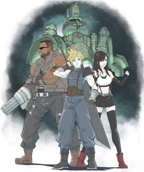 1girl 2019 2boys absurdres arm_cannon arm_tattoo asymmetrical_hair barret_wallace beard belt black-framed_eyewear black_hair black_skirt black_thighhighs blonde_hair brown_footwear brown_gloves brown_vest building buster_sword clenched_hands cloud_strife connected_beard facial_hair final_fantasy final_fantasy_vii fingerless_gloves gloves green_eyes highres himuro_yukichiko holding holding_behind_back holding_sword holding_sword_behind_back holding_weapon holding_weapon_behind_back jewelry multiple_boys muscular muscular_male necklace prosthetic_weapon red_footwear shirt short_hair sidecut skirt soldier_uniform spiked_hair sword tattoo thighhighs tifa_lockhart undercut undershirt very_short_hair vest weapon white_shirt