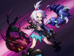 10s 1girl bass_guitar blue_eyes boots dress electric_guitar gen_4_pokemon gen_5_pokemon grin guitar gym_leader hair_bobbles hair_ornament hunger instrument nintendo pokemon pokemon_(creature) pokemon_bw2 roxie_(pokemon) short_dress short_hair skorupi smile striped_clothes striped_dress topknot venipede white_hair