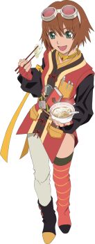 Rule 34 | 1girl, artist request, asymmetrical clothes, asymmetrical footwear, bowl, brown hair, commentary, fingerless gloves, food, full body, game cg, gloves, goggles, goggles on head, green eyes, highres, holding, holding bowl, jewelry, looking at food, mismatched footwear, necklace, object in pocket, official art, open mouth, pen in pocket, pocket, red gloves, rita mordio, short hair, single leg pantyhose, single thighhigh, smile, solo, soup, spoon, surcoat, tales of (series), tales of asteria, tales of vesperia, thighhighs, third-party source, transparent background