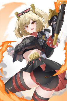 Rule 34 | 1girl, absurdres, ass, black jacket, black skirt, black tube top, blonde hair, breasts, burnice white, cowboy shot, crop top, cropped jacket, fire, flamethrower, highres, holding, holding flamethrower, holding weapon, jacket, large breasts, looking at viewer, looking back, medium hair, midriff, navel, pancake mixer, panties, pantyshot, red eyes, skirt, smile, solo, strapless, thick thighs, thighhighs, thighs, tube top, twintails, underwear, weapon, zenless zone zero, zettai ryouiki