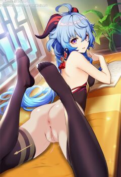 1girl artist_name bad_source from_behind ganyu_(genshin_impact) genshin_impact highres kairart leggings legs legs_up nude nude_filter official_art on_bed patreon patreon_username pussy pussy_juice solo spread_legs third-party_edit twitter_username