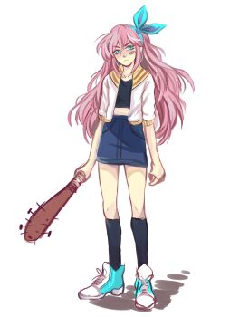 1girl absurdres aubrey_(faraway)_(omori) aubrey_(omori) bandaid bandaid_on_cheek bandaid_on_face baseball_bat black_socks blue_eyes blue_hairband blue_skirt closed_mouth collarbone commentary crop_top denim denim_skirt english_commentary full_body hairband highres holding holding_baseball_bat jacket kneehighs long_hair looking_at_viewer mikhamii nail_(hardware) nail_bat navel omori open_clothes open_jacket pink_hair shoes short-sleeved_jacket short_sleeves sidelocks simple_background sketch skirt sneakers socks solo white_background white_jacket