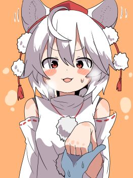 1girl animal_ears breath detached_sleeves hat highres holding_hands inubashiri_momiji korean_commentary looking_at_viewer magg_(user_mtca8588) motion_lines open_mouth orange_background out_of_frame paw_pose pom_pom_(clothes) pov pov_hands red_eyes red_hat ribbon-trimmed_sleeves ribbon_trim shirt short_hair sleeveless sleeveless_shirt smile solo sweatdrop tail tokin_hat touhou turtleneck turtleneck_shirt upper_body white_hair white_shirt white_sleeves wolf_ears wolf_girl wolf_tail